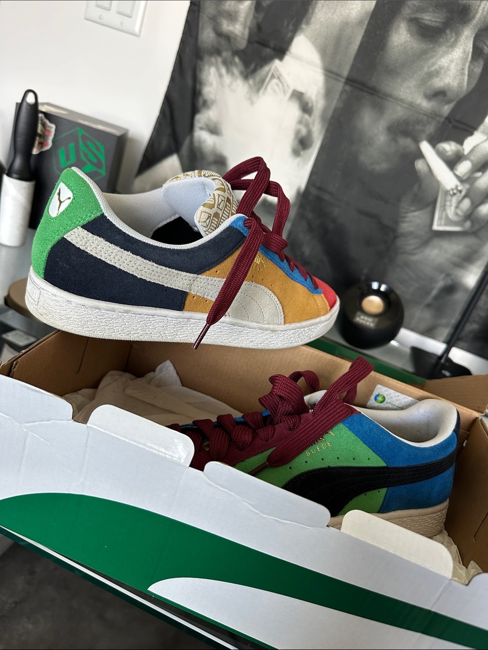 Puma Multicolor Suede Low-Top Sneakers with Burgundy Laces